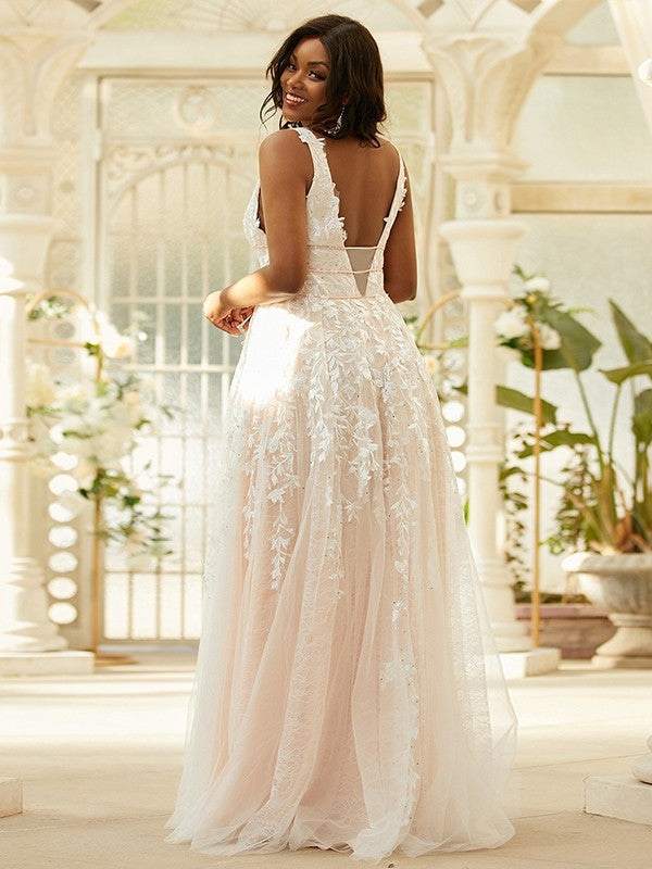 Tulle Applique V-neck Sleeveless Floor-Length Dresses