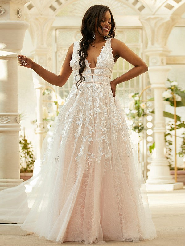Tulle Applique V-neck Sleeveless Floor-Length Dresses