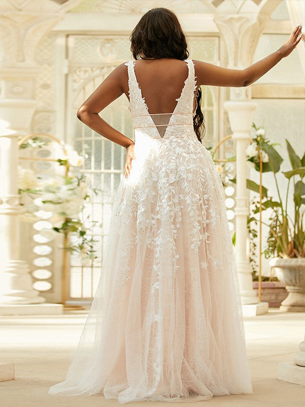Tulle Applique V-neck Sleeveless Floor-Length Dresses