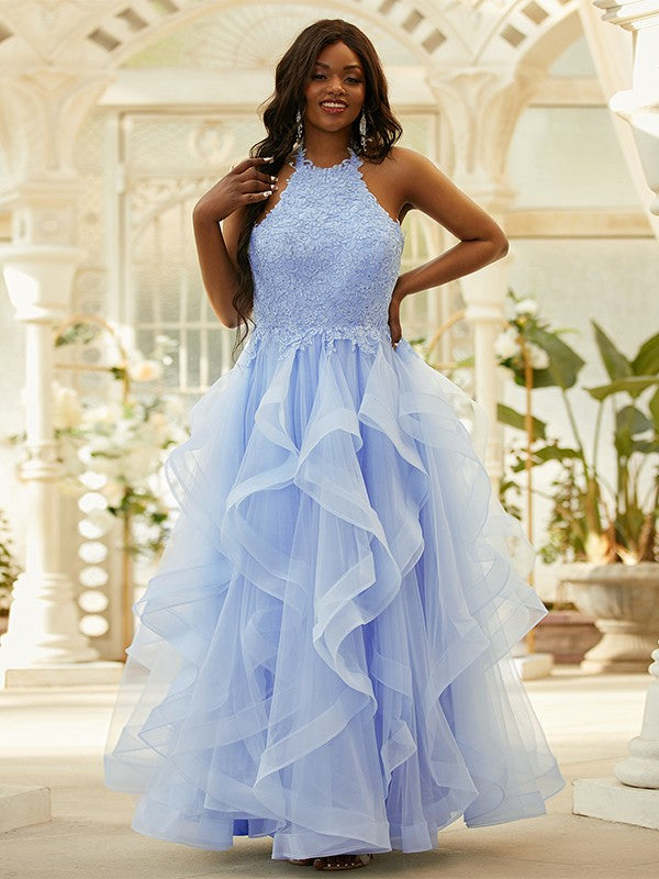 Tulle Applique Halter Sleeveless Floor-Length Dresses