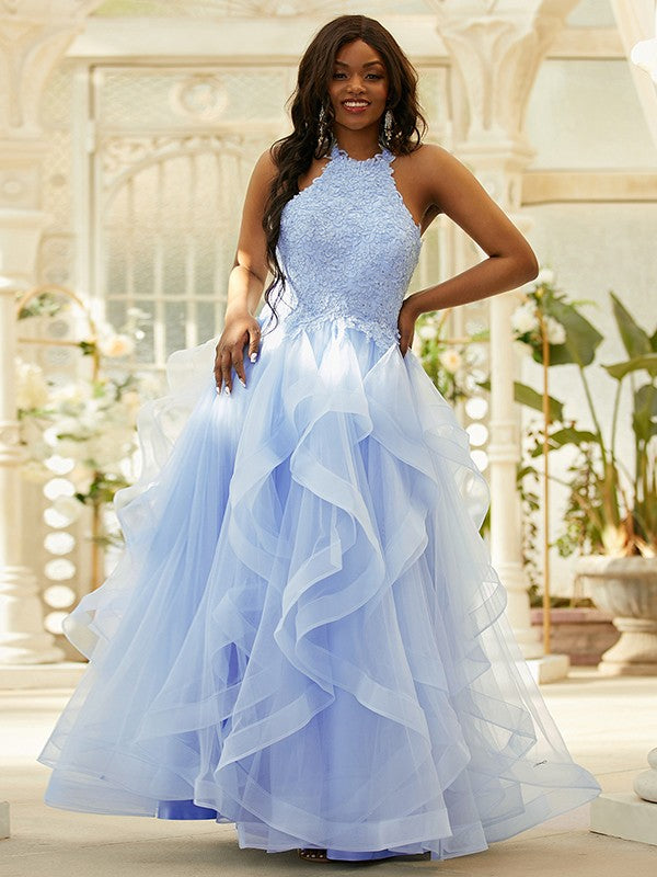 Tulle Applique Halter Sleeveless Floor-Length Dresses