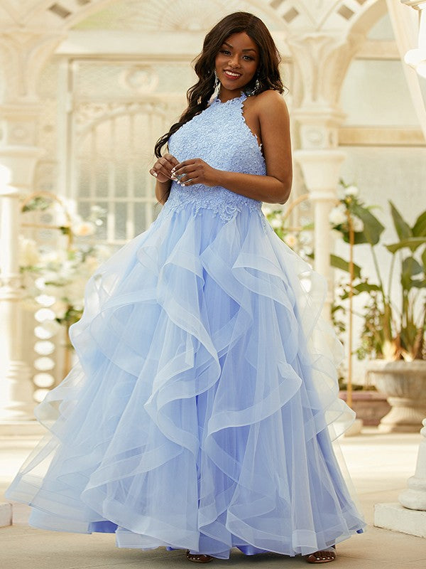 Tulle Applique Halter Sleeveless Floor-Length Dresses