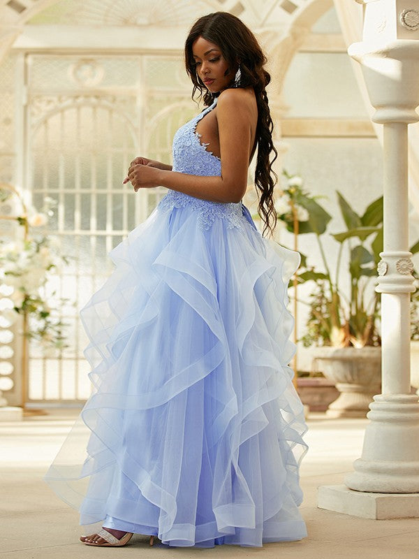 Tulle Applique Halter Sleeveless Floor-Length Dresses