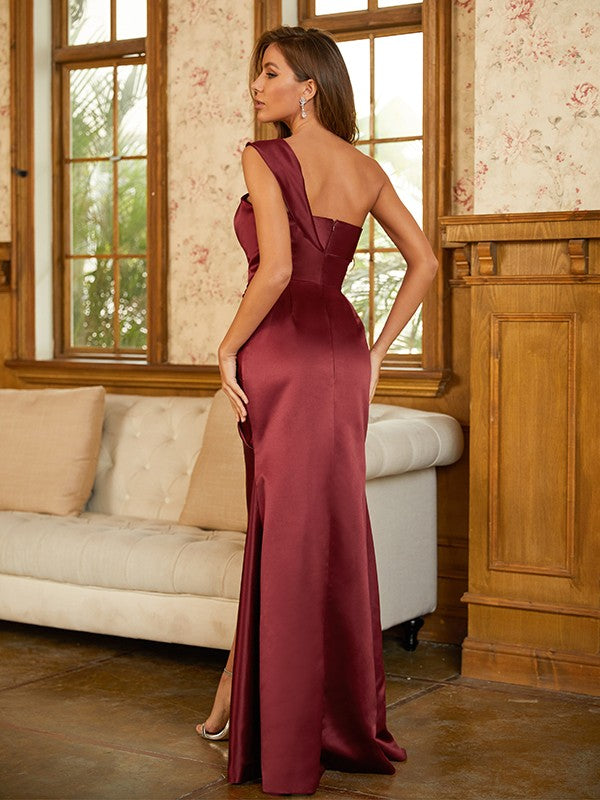 Woven Satin Ruched One-Shoulder Sleeveless Floor-Length Dresses