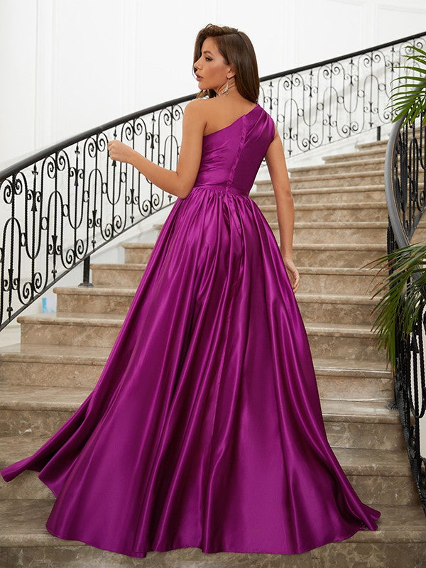 Satin Ruffles One-Shoulder Sleeveless Sweep/Brush Train Dresses