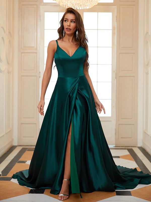 Woven Satin Ruffles V-neck Sleeveless Court Train Dresses