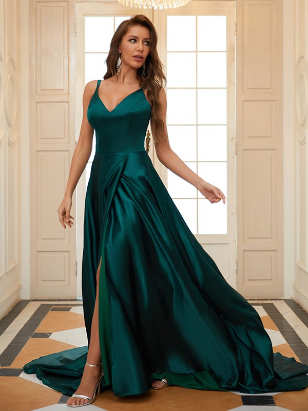Woven Satin Ruffles V-neck Sleeveless Court Train Dresses