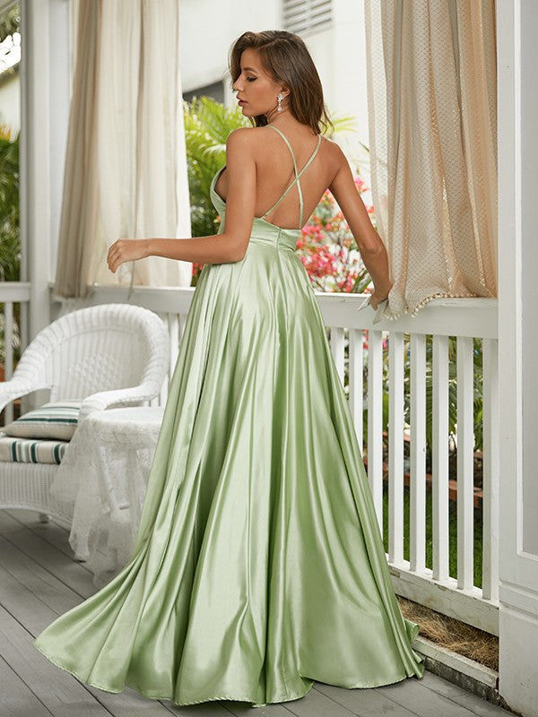 Satin Ruffles Spaghetti Straps Sleeveless Sweep/Brush Train Dresses