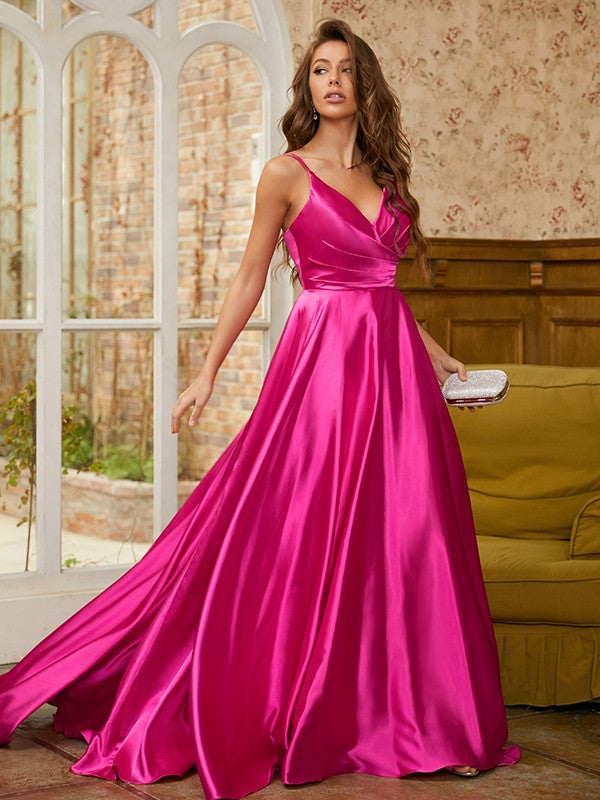 Satin Ruched V-neck Sleeveless Sweep/Brush Train Dresses