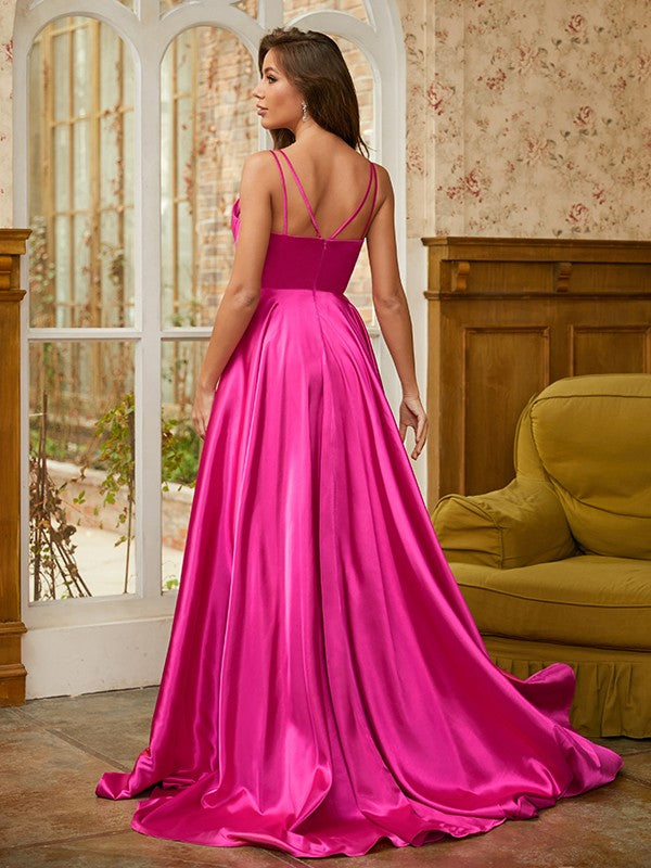 Satin Ruched V-neck Sleeveless Sweep/Brush Train Dresses