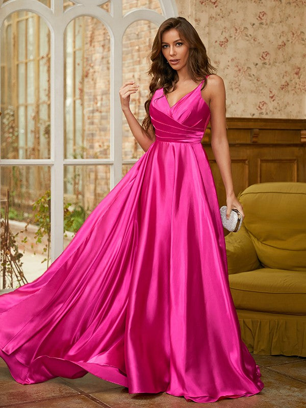 Satin Ruched V-neck Sleeveless Sweep/Brush Train Dresses