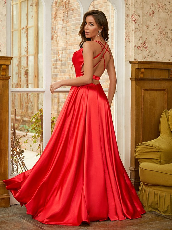 Satin Ruffles Spaghetti Straps Sleeveless Sweep/Brush Train Dresses