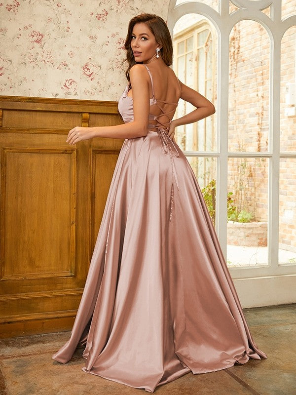 Silk like Satin Ruffles Spaghetti Straps Sleeveless Sweep/Brush Train Dresses