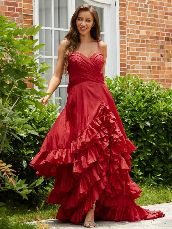 Taffeta Layers V-neck Sleeveless Asymmetrical Dresses