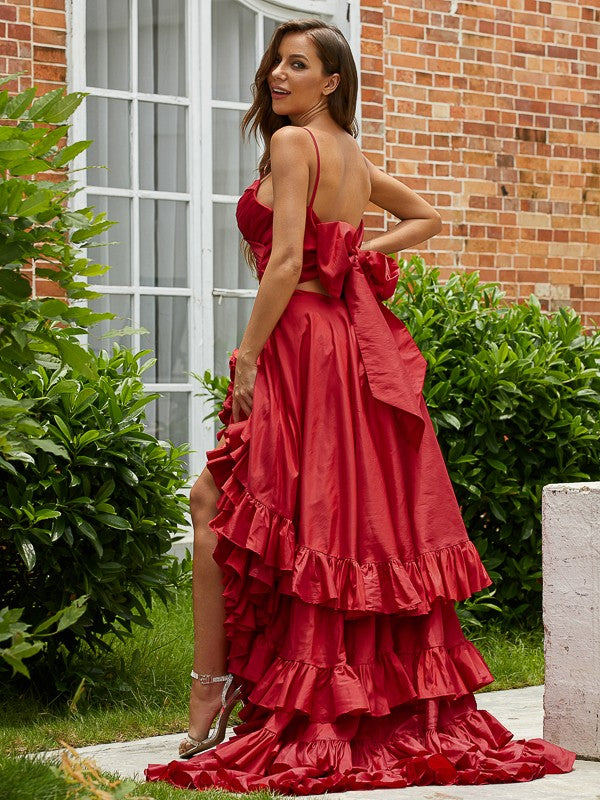 Taffeta Layers V-neck Sleeveless Asymmetrical Dresses