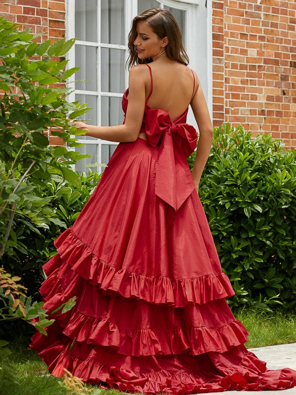 Taffeta Layers V-neck Sleeveless Asymmetrical Dresses
