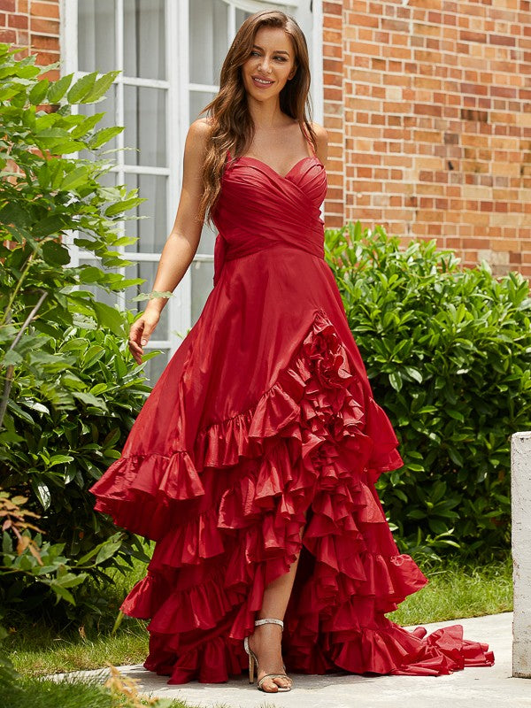 Taffeta Layers V-neck Sleeveless Asymmetrical Dresses