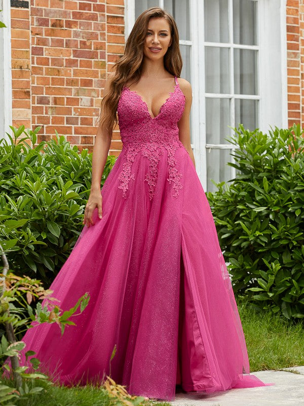 Tulle Applique V-neck Sleeveless Sweep/Brush Train Dresses