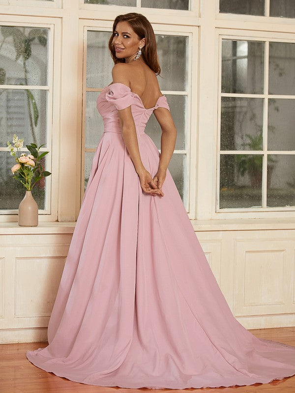 Crepe Ruffles Off-the-Shoulder Sleeveless Sweep/Brush Train Dresses