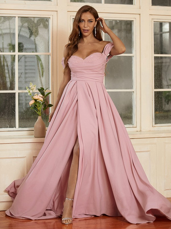 Crepe Ruffles Off-the-Shoulder Sleeveless Sweep/Brush Train Dresses