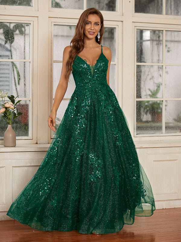 Lace Applique V-neck Sleeveless Floor-Length Dresses