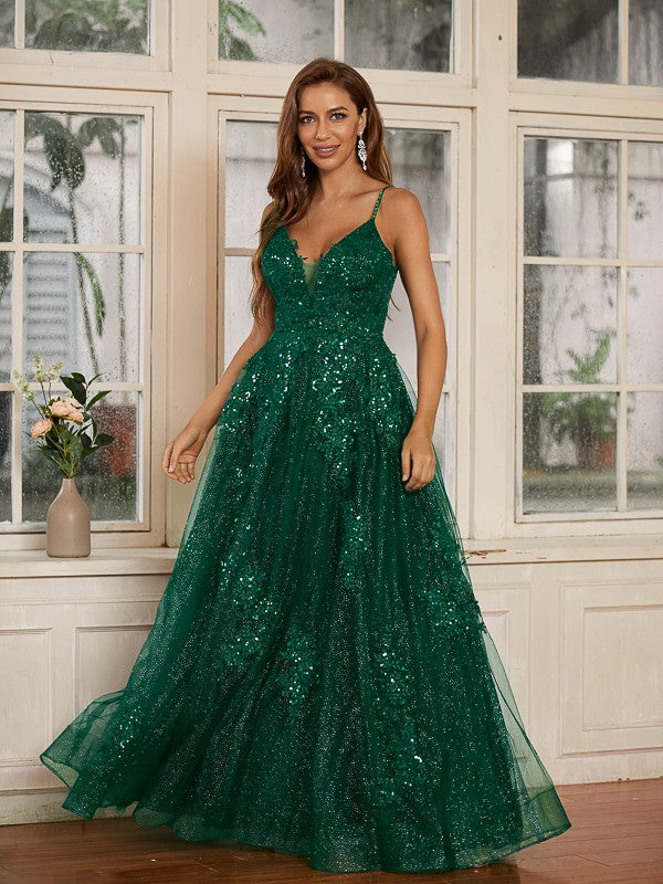 Lace Applique V-neck Sleeveless Floor-Length Dresses