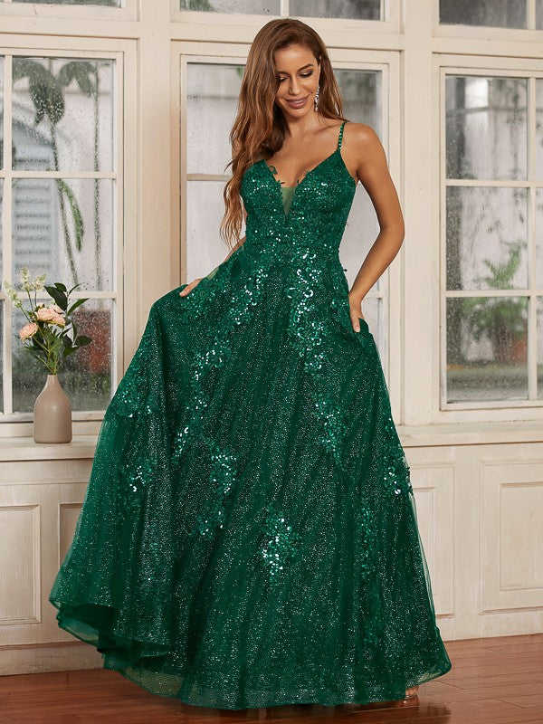 Lace Applique V-neck Sleeveless Floor-Length Dresses