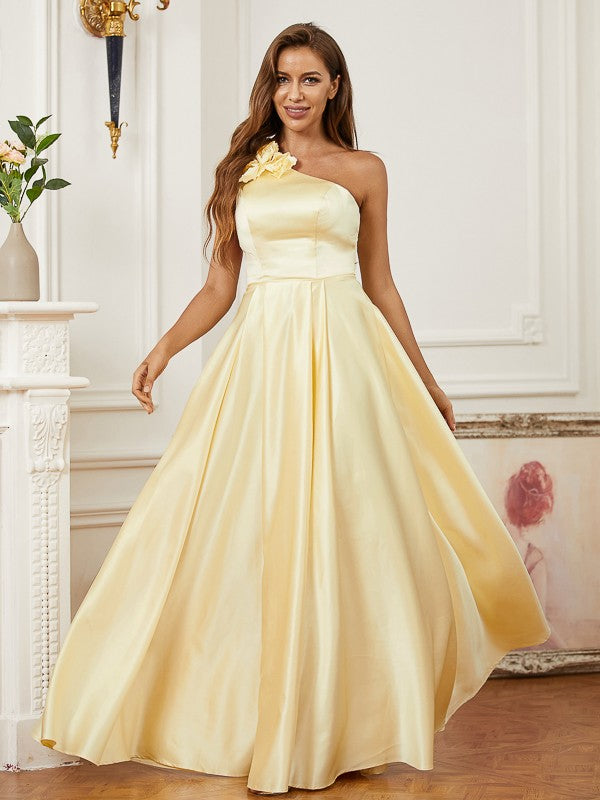 Satin Hand-Made Flower One-Shoulder Sleeveless Floor-Length Dresses