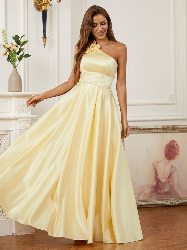 Satin Hand-Made Flower One-Shoulder Sleeveless Floor-Length Dresses