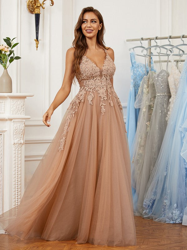 Tulle Applique V-neck Sleeveless Floor-Length Dresses