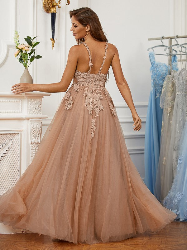 Tulle Applique V-neck Sleeveless Floor-Length Dresses