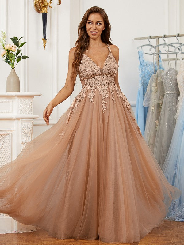 Tulle Applique V-neck Sleeveless Floor-Length Dresses