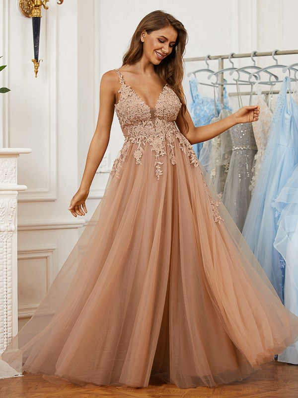 Tulle Applique V-neck Sleeveless Floor-Length Dresses