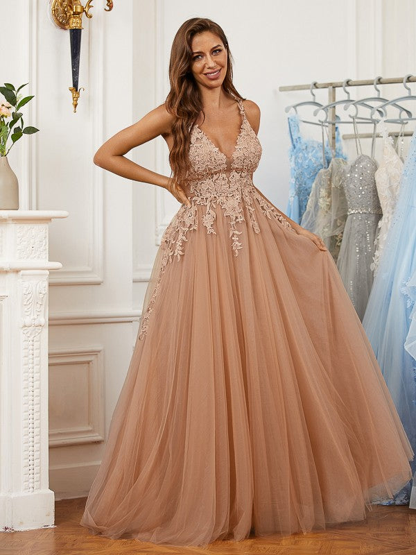 Tulle Applique V-neck Sleeveless Floor-Length Dresses
