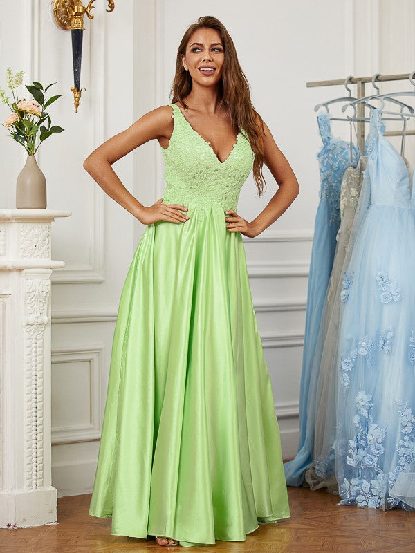 Woven Satin Lace V-neck Sleeveless Floor-Length Dresses