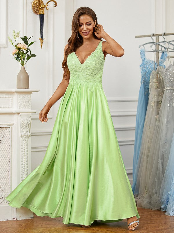 Woven Satin Lace V-neck Sleeveless Floor-Length Dresses