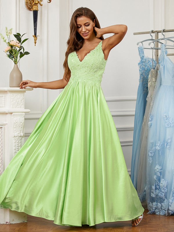 Woven Satin Lace V-neck Sleeveless Floor-Length Dresses