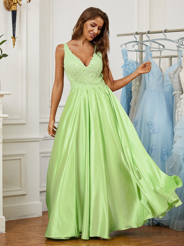 Woven Satin Lace V-neck Sleeveless Floor-Length Dresses