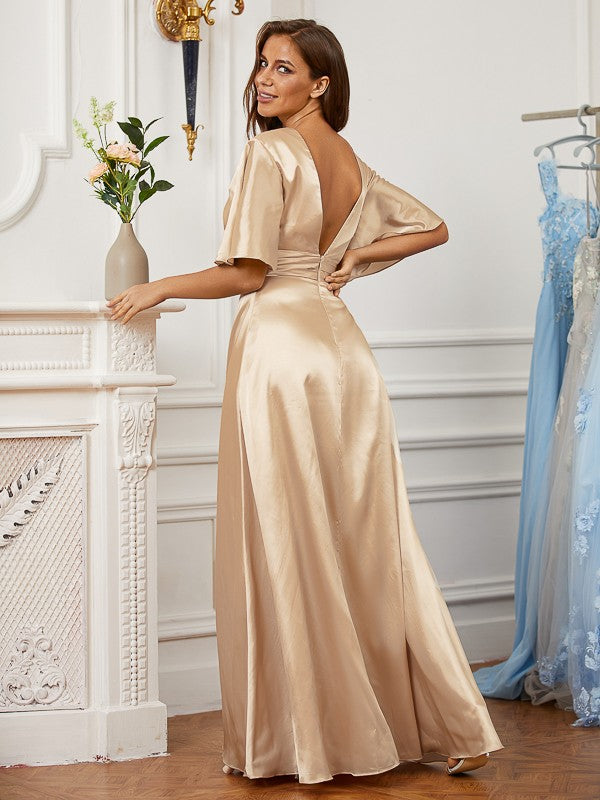 Silk like Satin Ruched V-neck Short Sleeves Floor-Length Dresses
