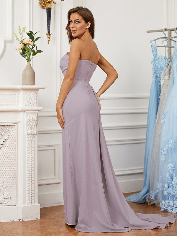 Crepe Ruched Strapless Sleeveless Sweep/Brush Train Dresses