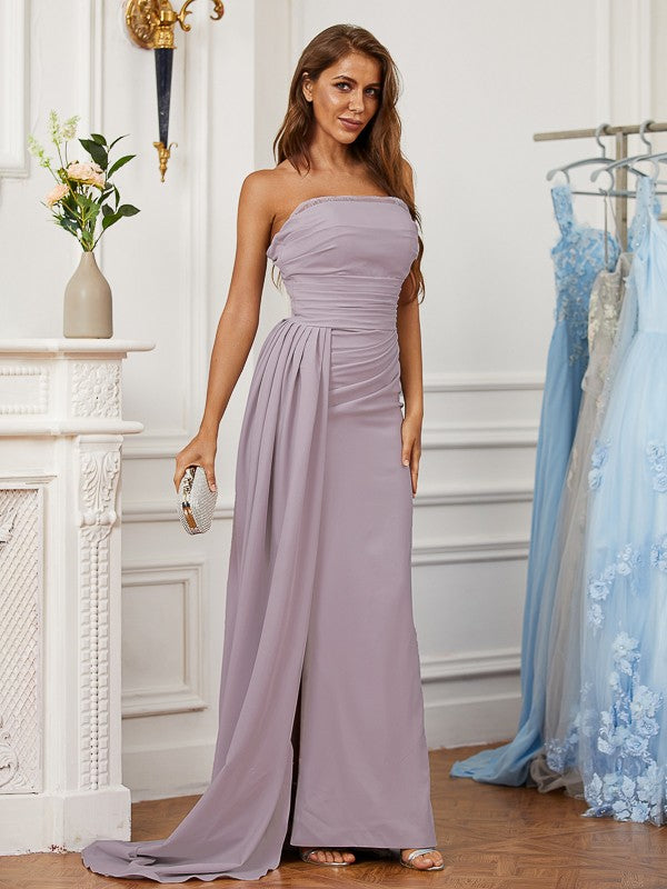 Crepe Ruched Strapless Sleeveless Sweep/Brush Train Dresses