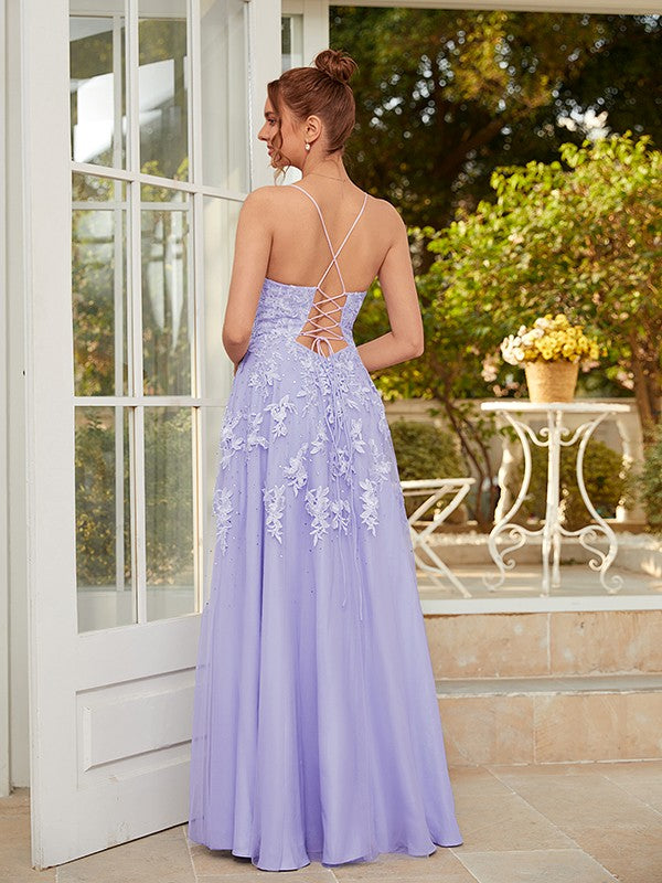 Tulle Applique V-neck Sleeveless Floor-Length Dresses