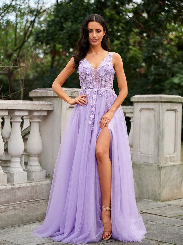 Tulle Applique V-neck Sleeveless Floor-Length Dresses