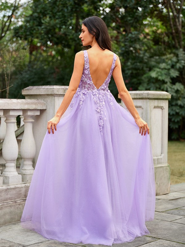 Tulle Applique V-neck Sleeveless Floor-Length Dresses