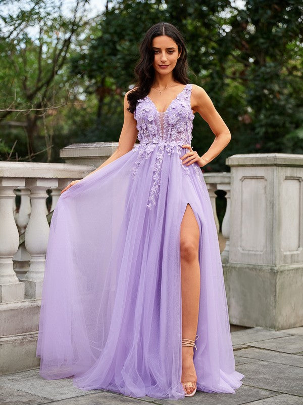 Tulle Applique V-neck Sleeveless Floor-Length Dresses