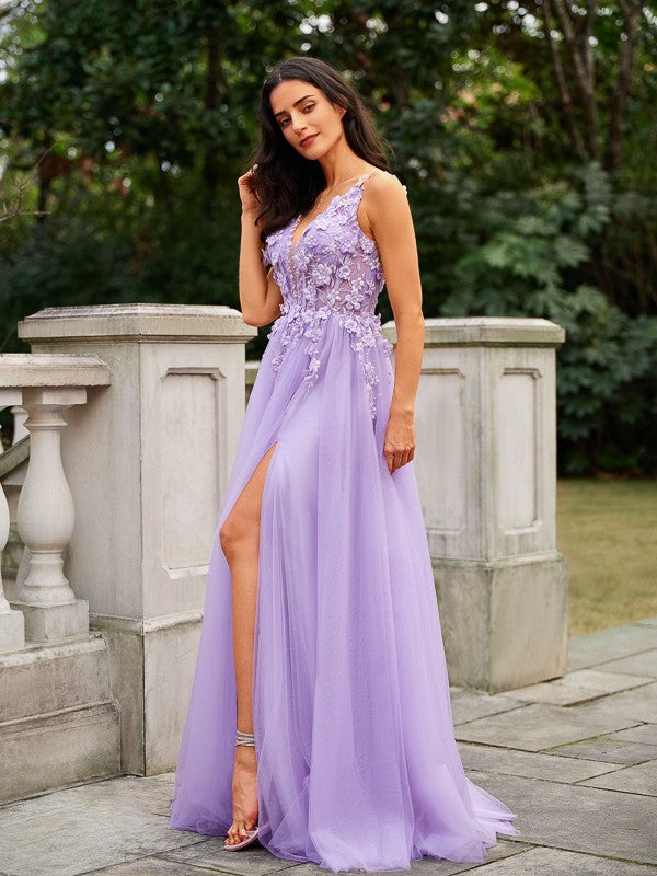 Tulle Applique V-neck Sleeveless Floor-Length Dresses