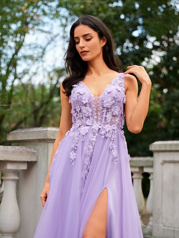 Tulle Applique V-neck Sleeveless Floor-Length Dresses