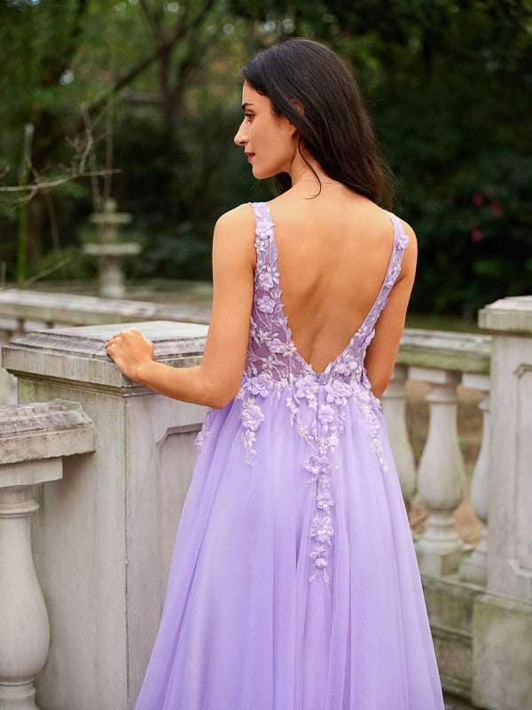 Tulle Applique V-neck Sleeveless Floor-Length Dresses