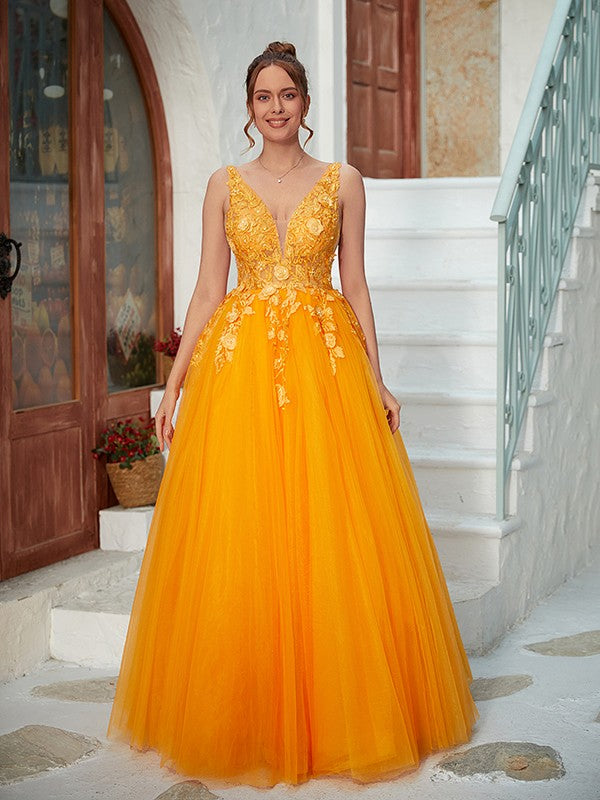 Tulle Applique V-neck Sleeveless Floor-Length Dresses
