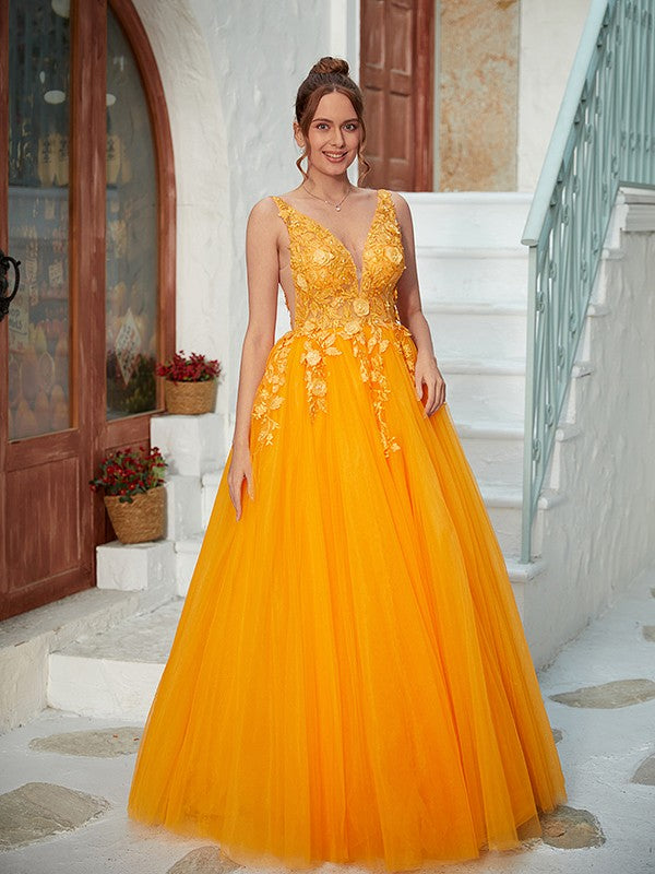 Tulle Applique V-neck Sleeveless Floor-Length Dresses